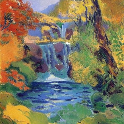 Serene Autumn Waterfalls in Impressionist Style