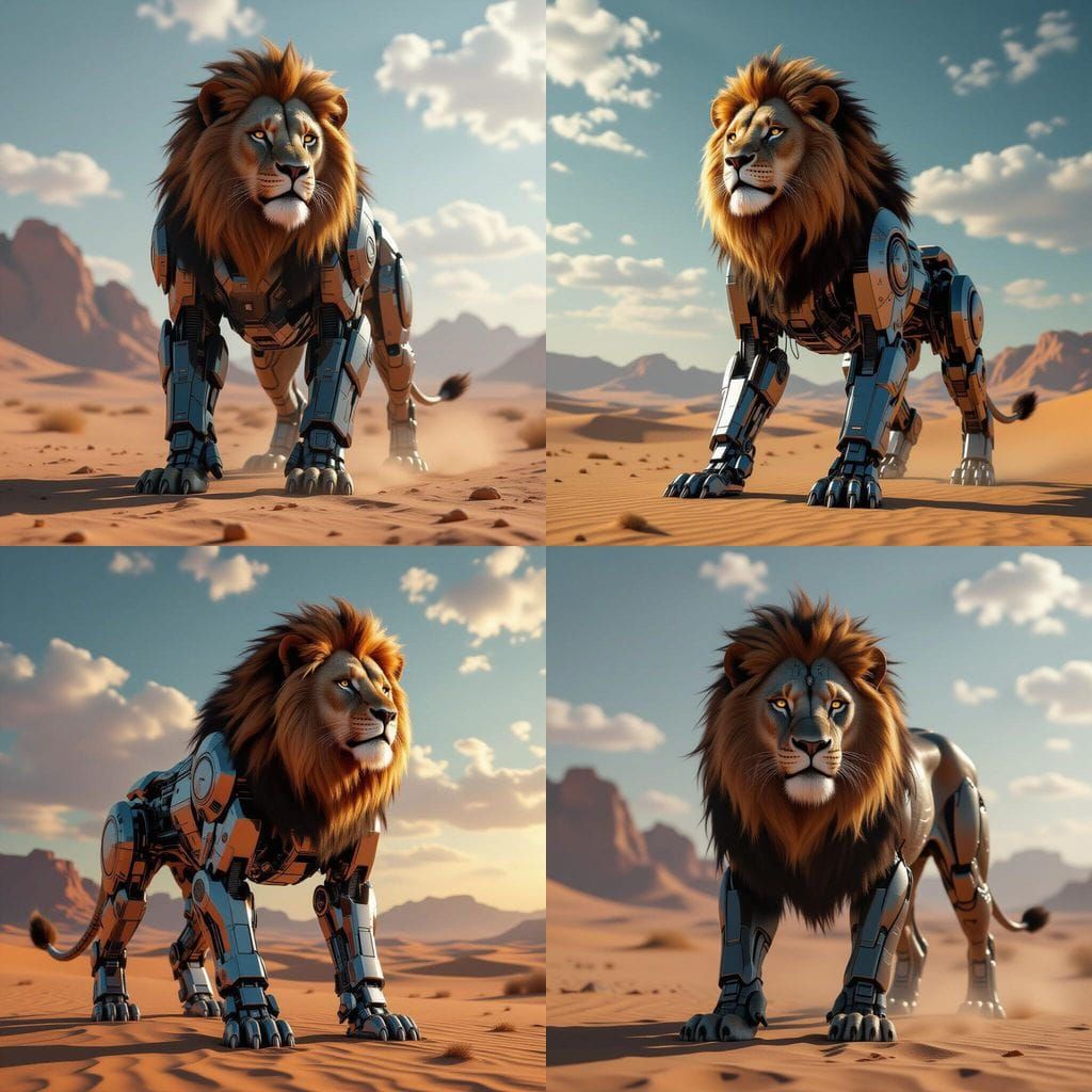 Robotic Lion Roams Futuristic Desert Landscape