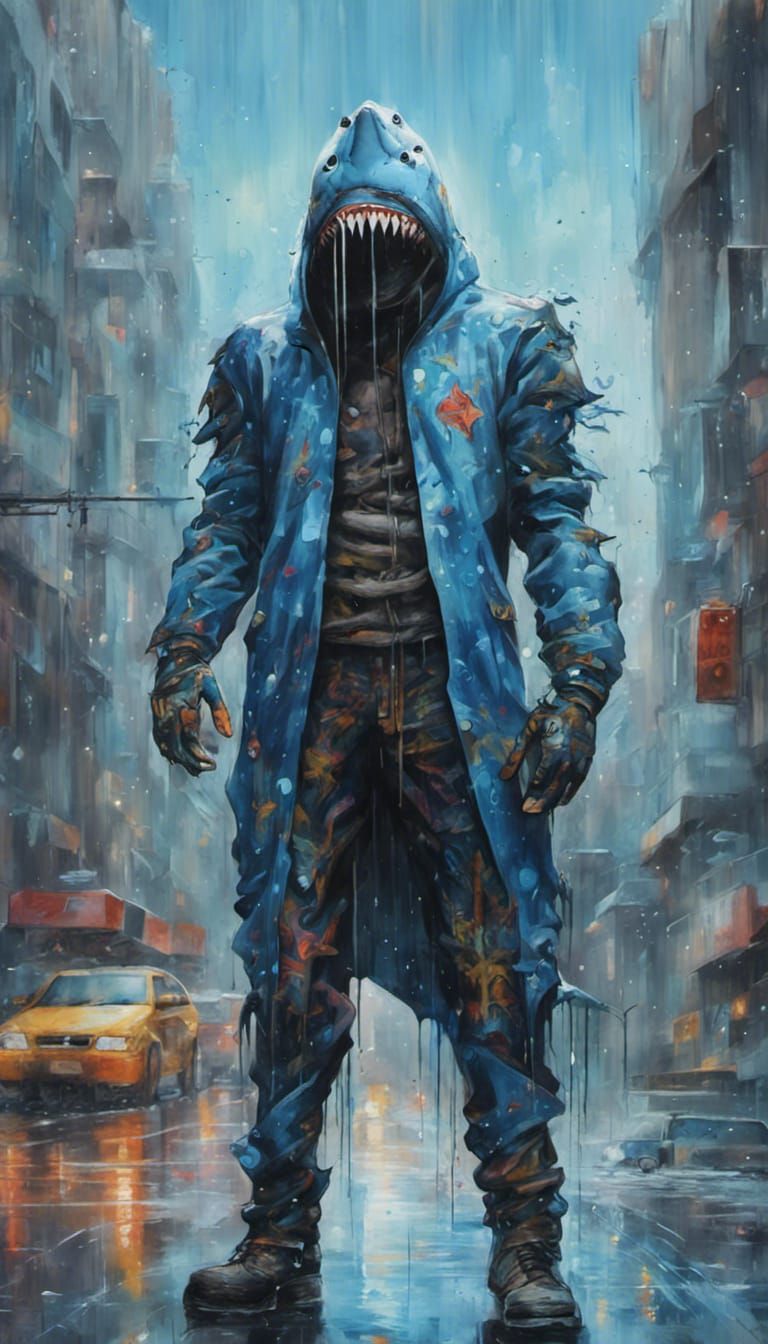 Cyberpunk Shark Armor in Raining City, Graffiti Art