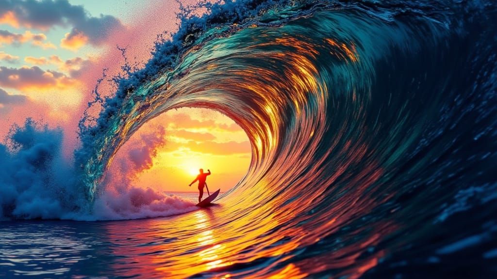 Surfer Riding Barrel Wave at Sunset, Golden Sunburst