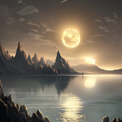 Golden Stairs to Moonlit Mountains in Dark Fantasy Art