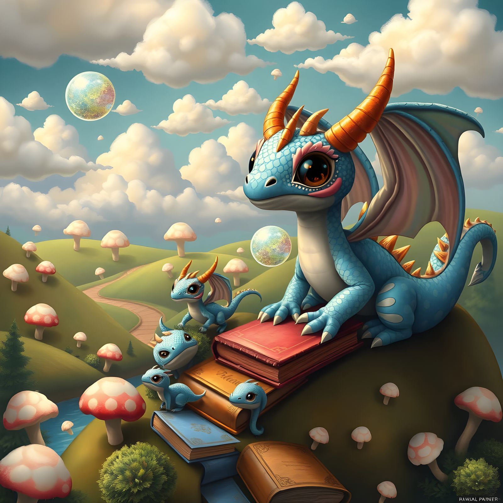 Whimsical Bookshelf Worlds with Chubby Little Dragons and Sh...