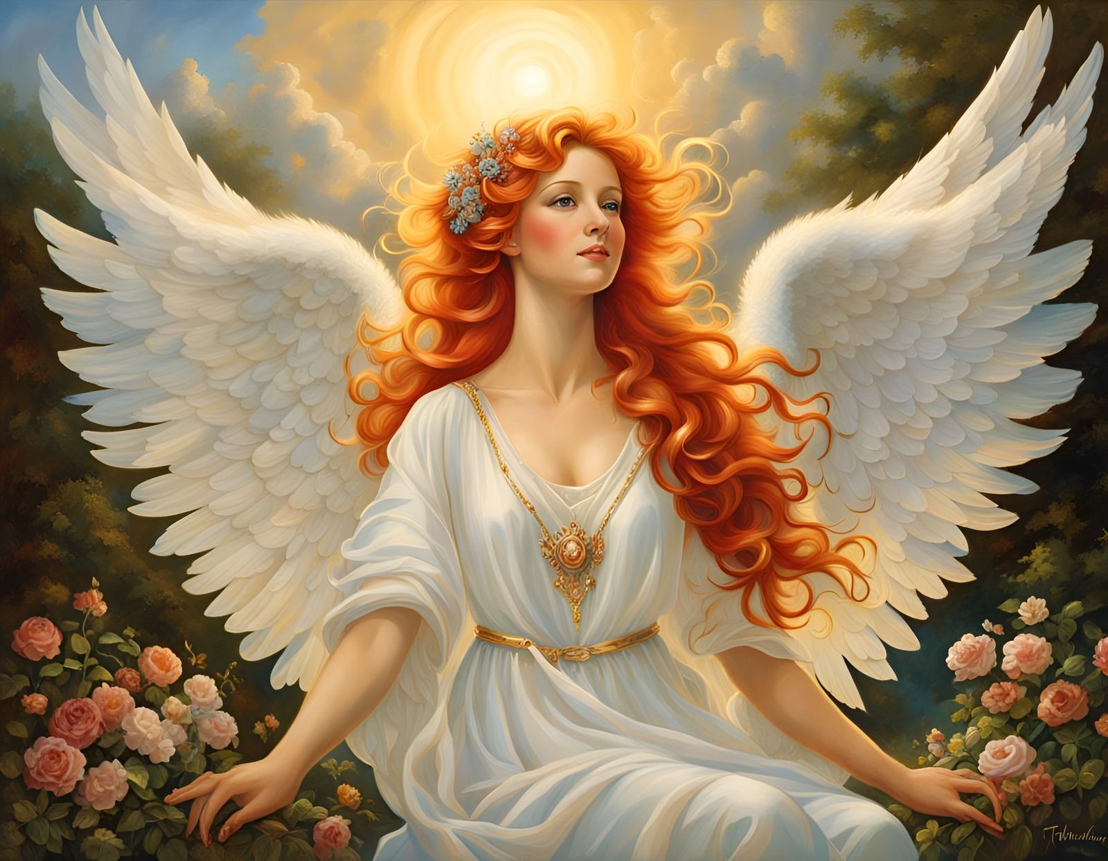Red-Haired Angel on Cloud with Gossamer Wings