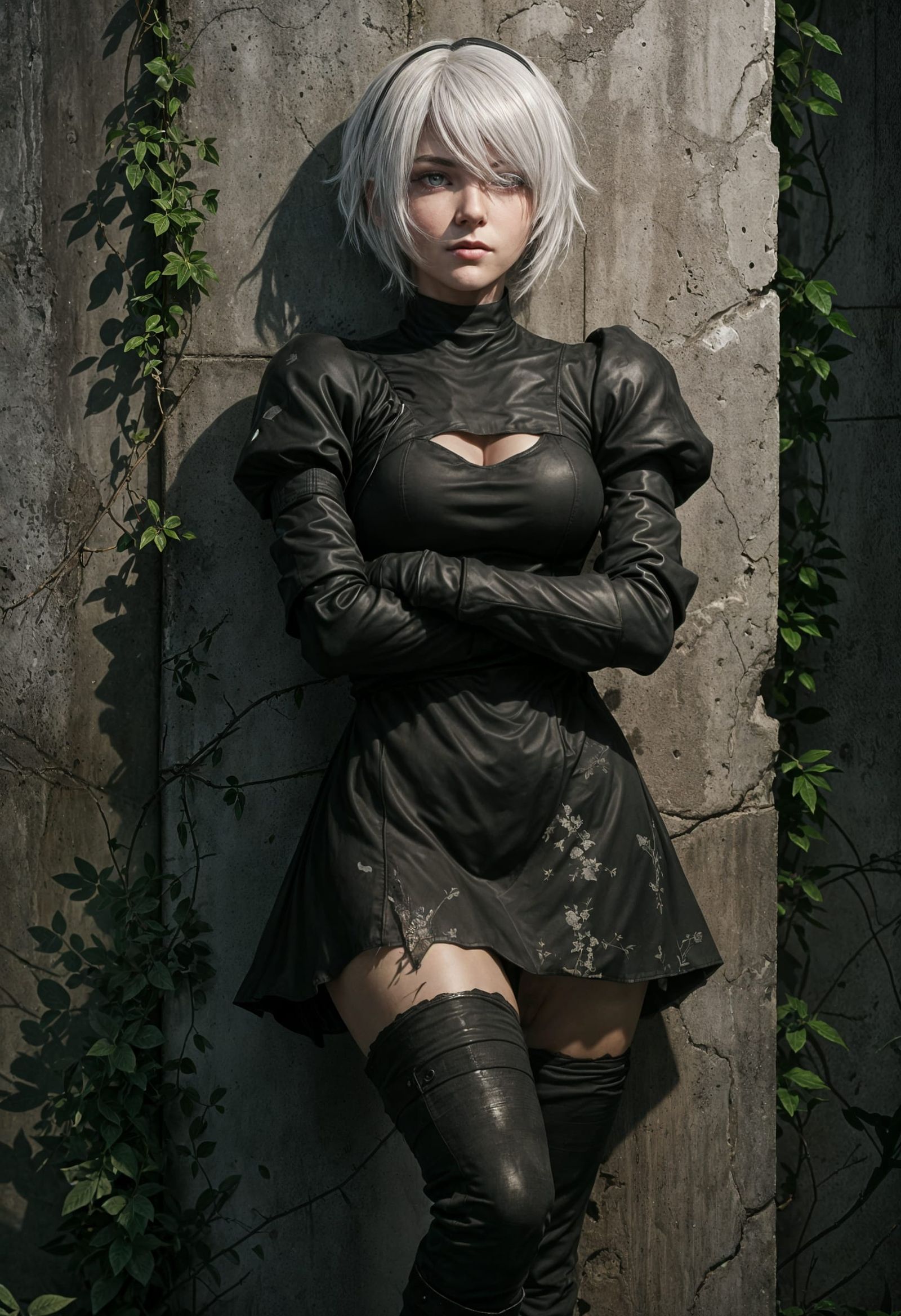 Comic Style 2B Leaning Against Overgrown Wall