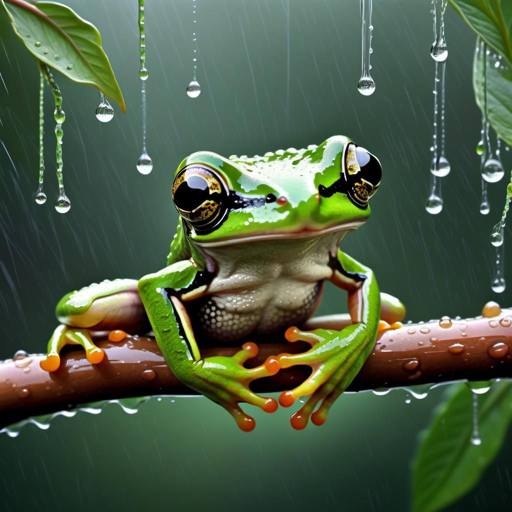 Hyperrealistic Tree Frog Jumping in the Rain