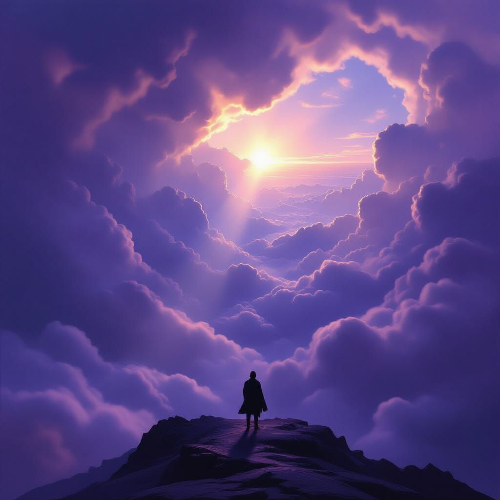 Figure on Mountain Peak Gazing at Stormy Clouds