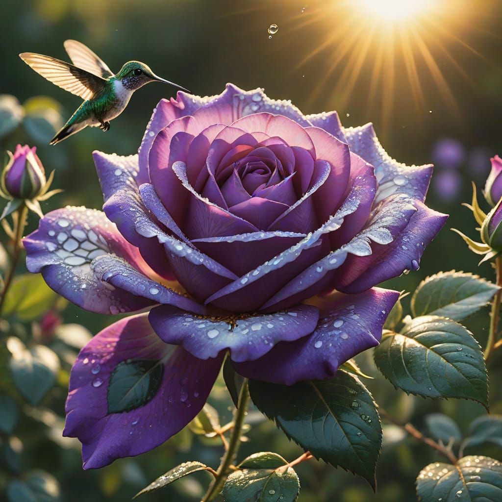 Violet Rose with Hummingbird in Golden Light