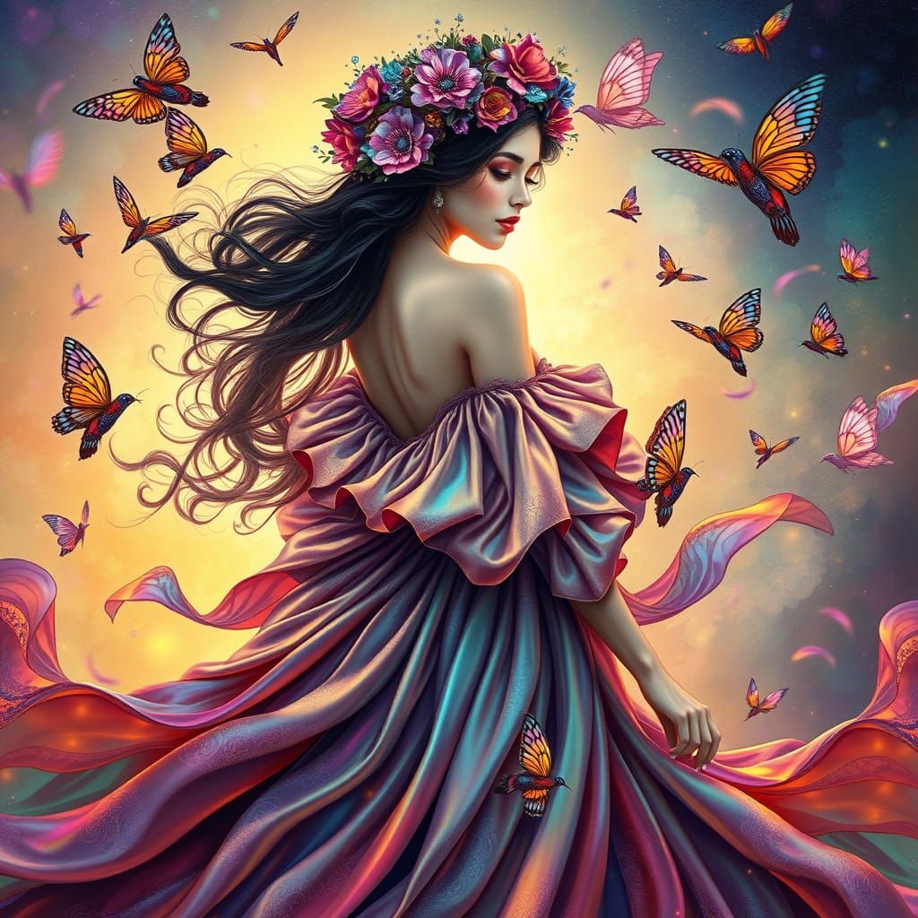 Regal Woman in Whimsical, Iridescent Gown with Vibrant Flora...