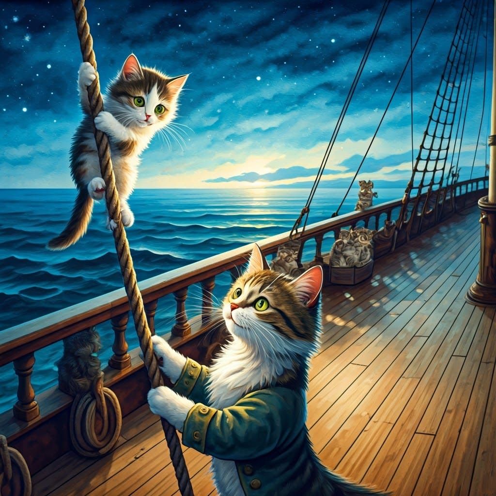 Whimsical Watercolor of Kittens at Sea in a Vintage Shipyard
