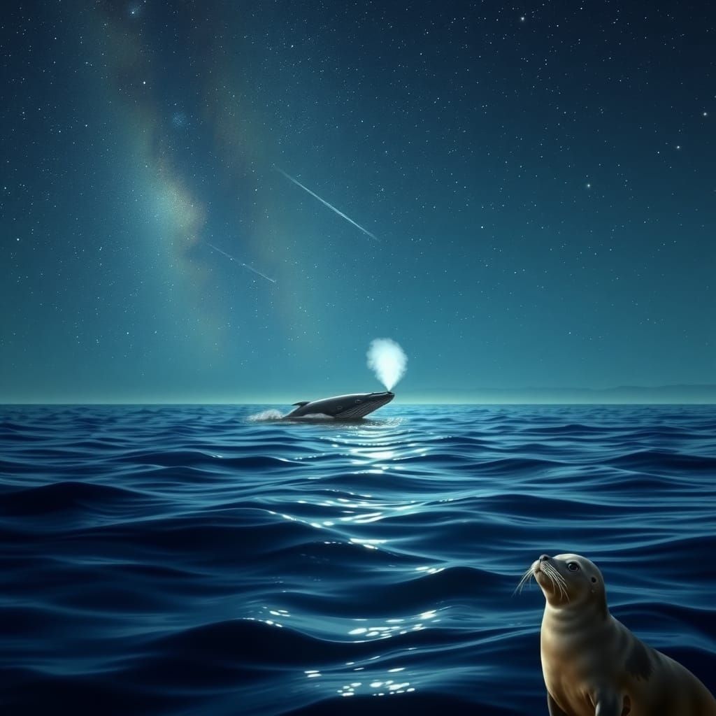 Starry Night Ocean Scene with Whale and Seal