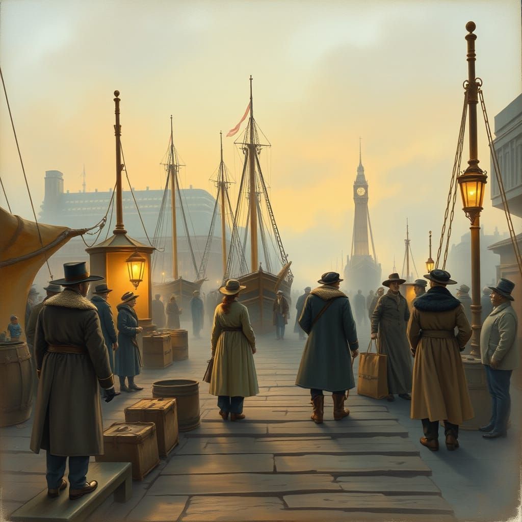 Victorian London Dock Scene in Watercolor Style