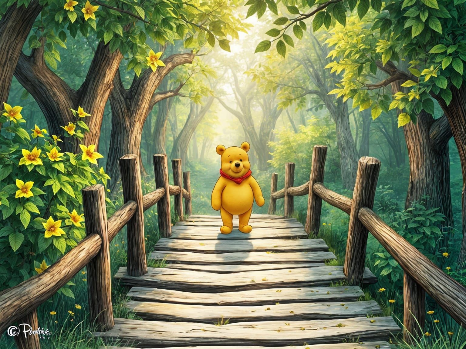 Winnie the Pooh Crosses the Bridge in Whimsical Animation