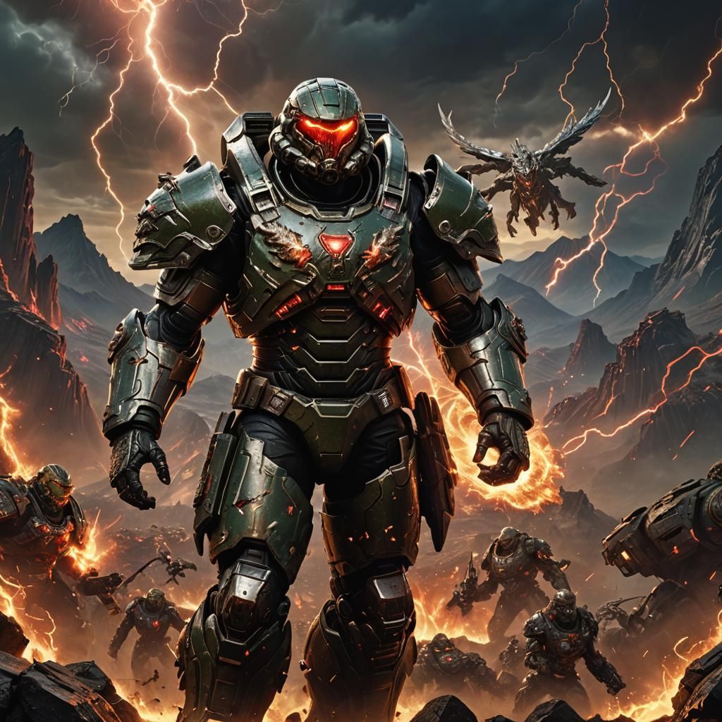Doom Slayer in Lightning Storm: Hyper-Realistic Epic