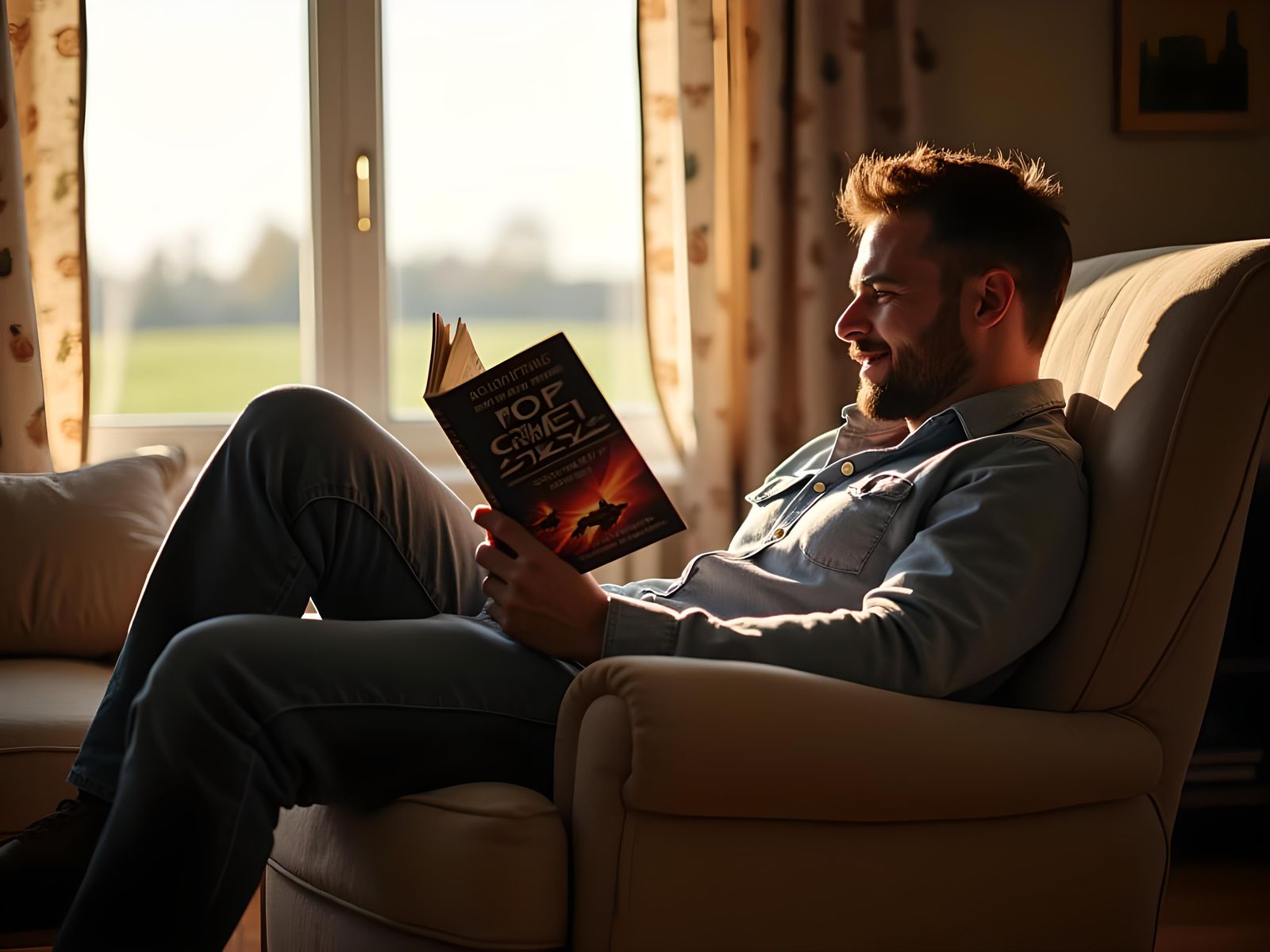 Man Reading Sci-Fi Book in Cozy Sunlight