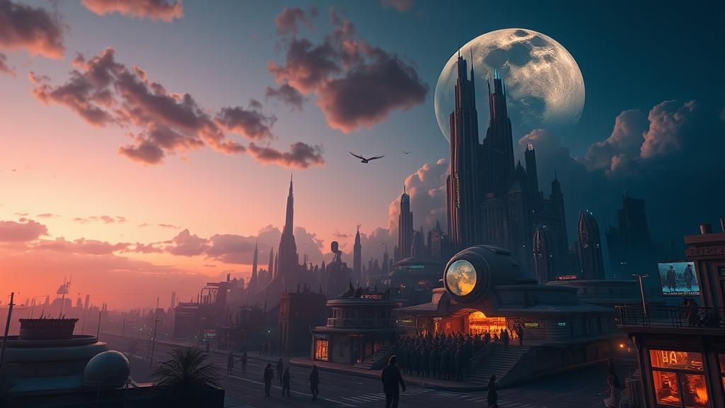 Futuristic Alien Cityscape at Dusk in Digital Art Style