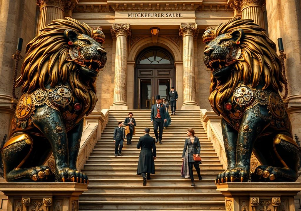 Steampunk Clockwork Lions Guarding a Grand Staircase