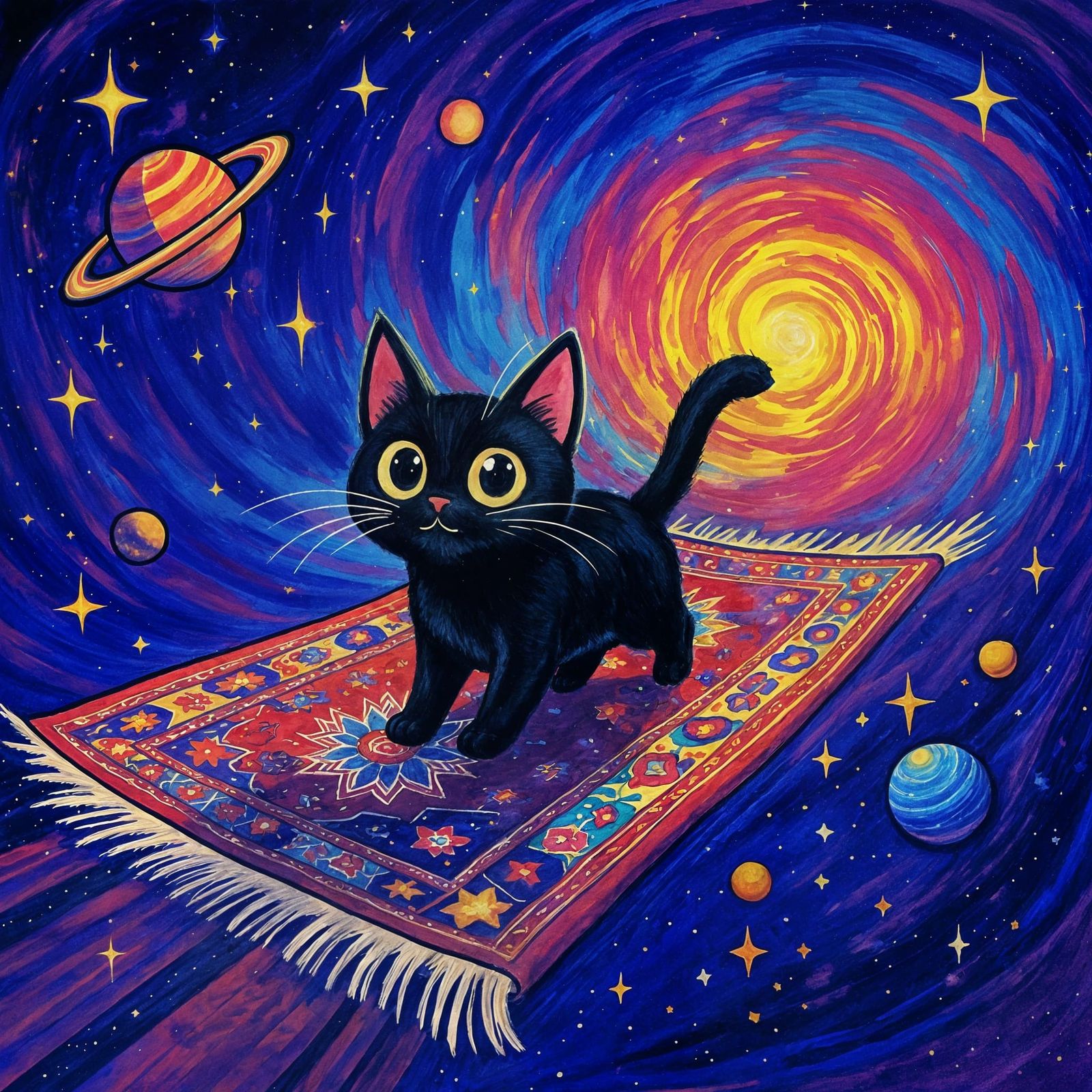 Black Cat on Flying Carpet in Watercolor Galaxy