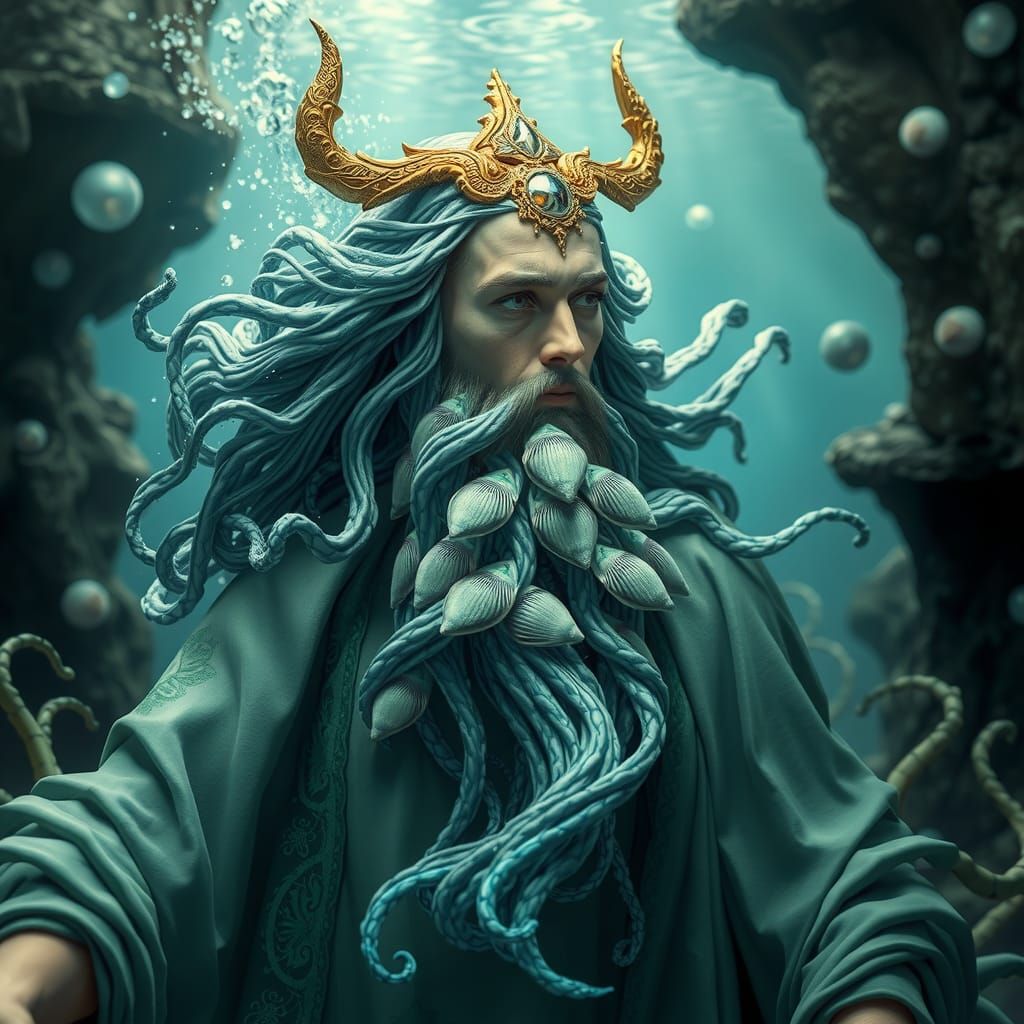 Neptune with Flowing Plankton Beard in Dreamy Style