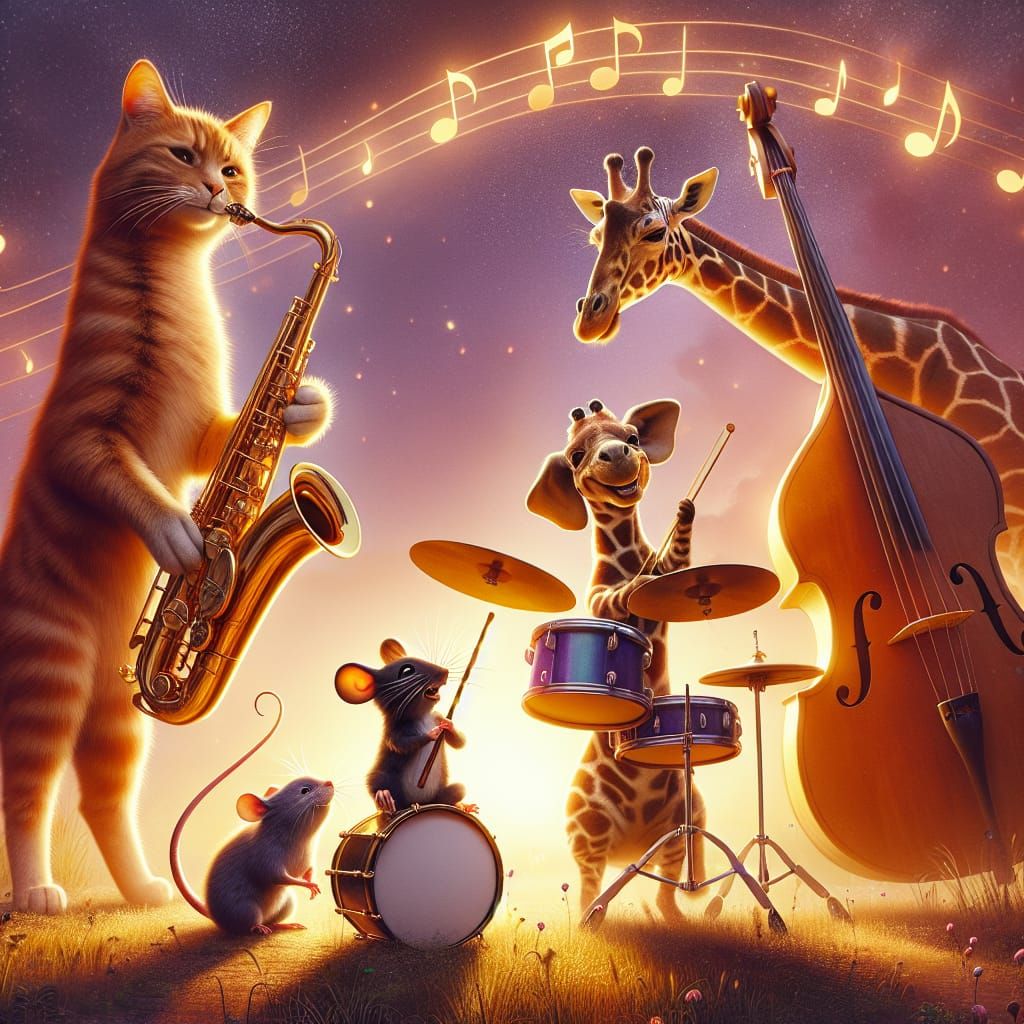 Animals Playing Instruments in Golden Sunset Light