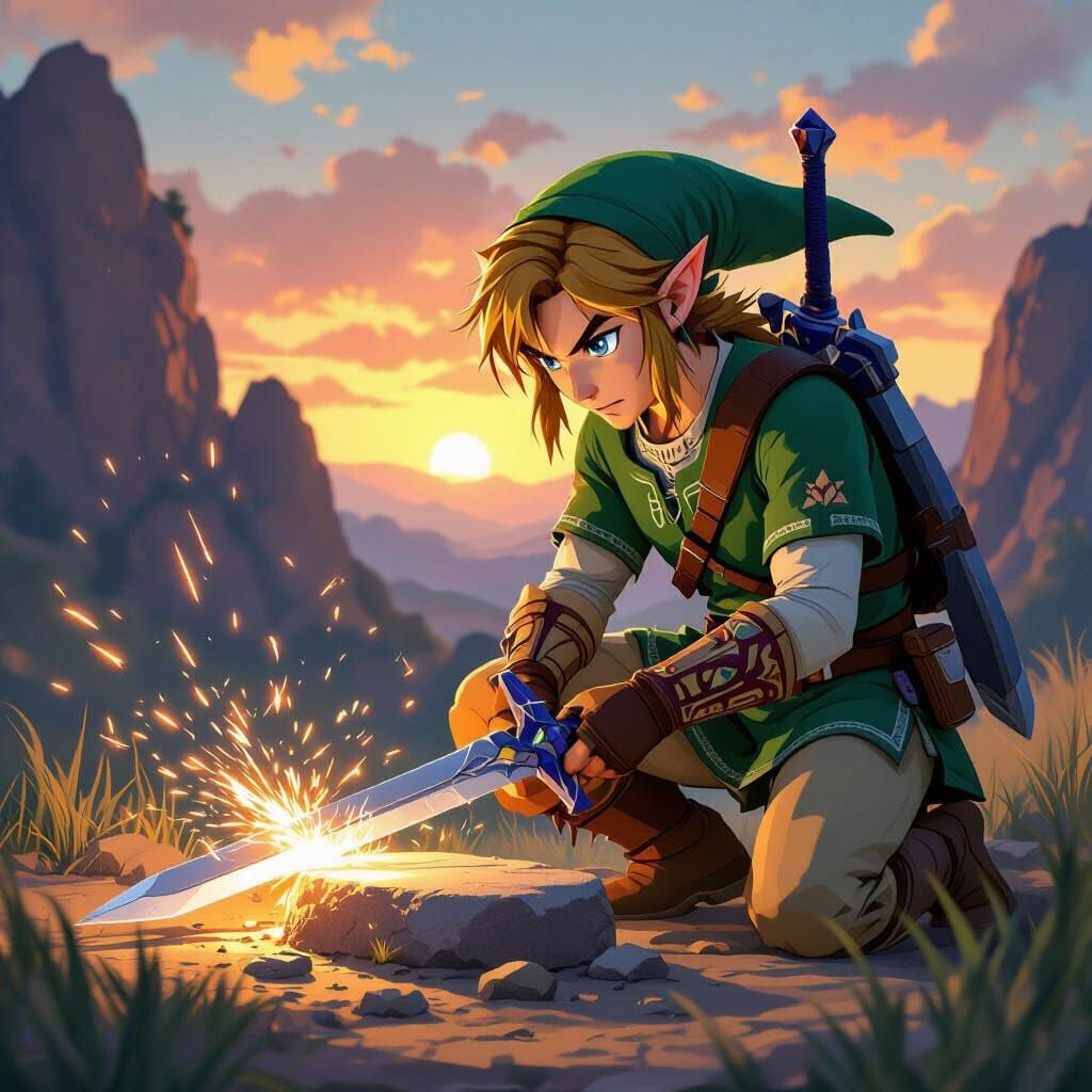 Link Sharpens Master Sword in Painterly Fantasy Realism Styl...