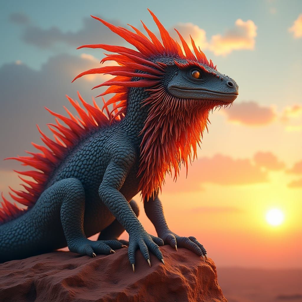 Bearded Dragon Double Exposure Sunset, Detailed Matte Painti...