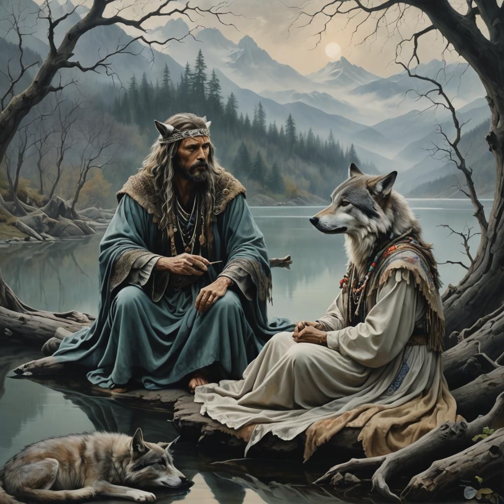 Mystical Lakeside Scene in Somber, Dreamlike Style