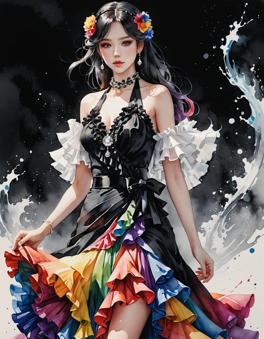 Rainbow Flamenco Dancer in Black and White Watercolor