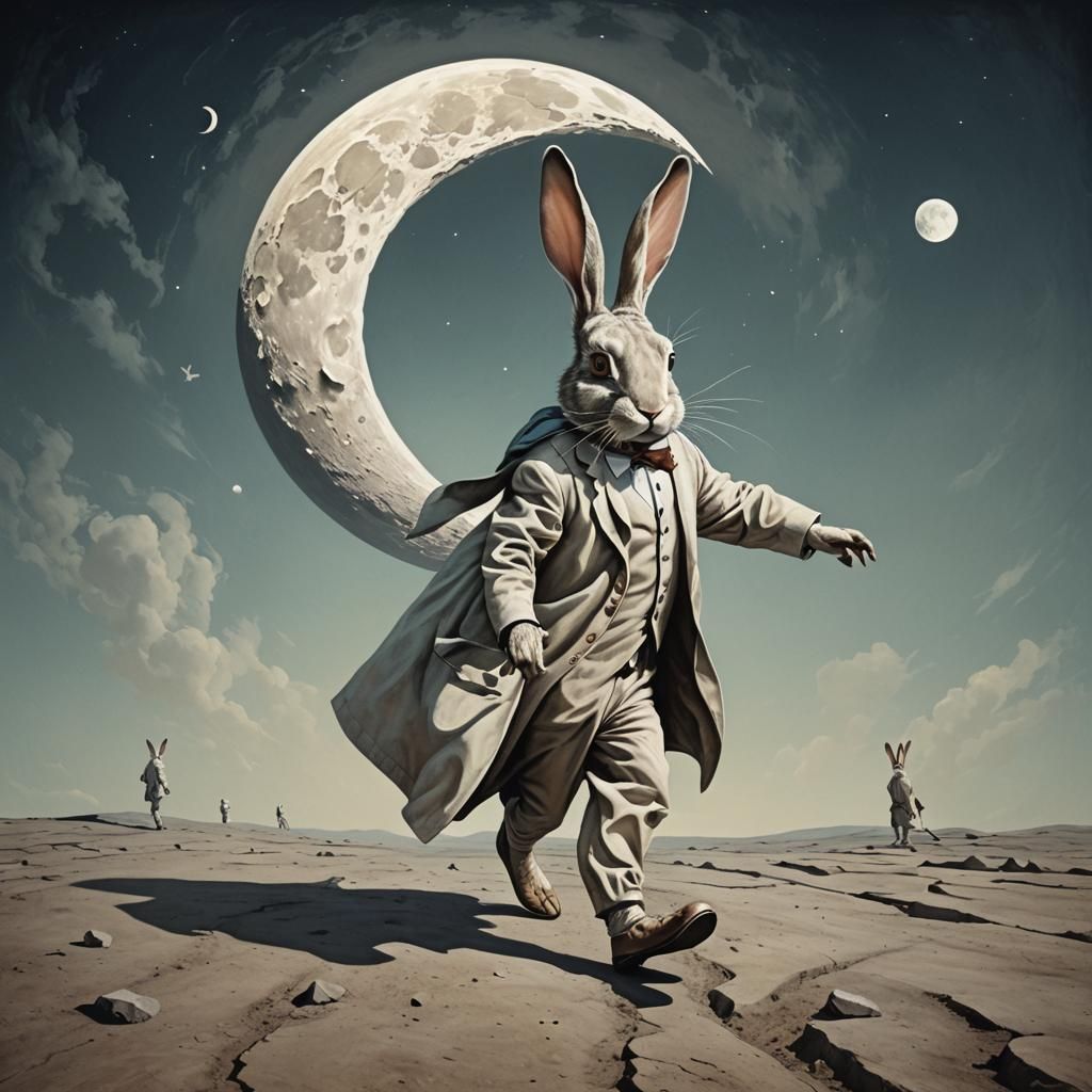 Surreal Anthropomorphic Rabbit Moonwalking in Distorted Real...