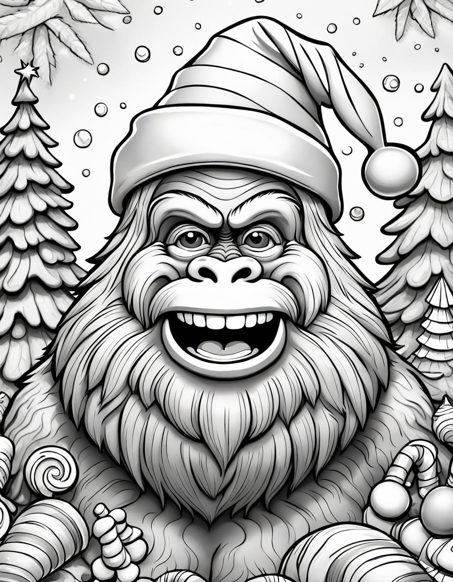 Happy Bigfoot Christmas Coloring Page in Cartoon Style