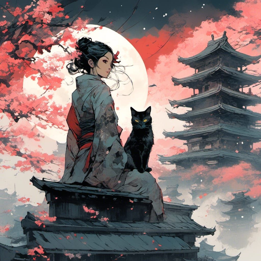 Ninja and Cat on Rooftop with Sakura