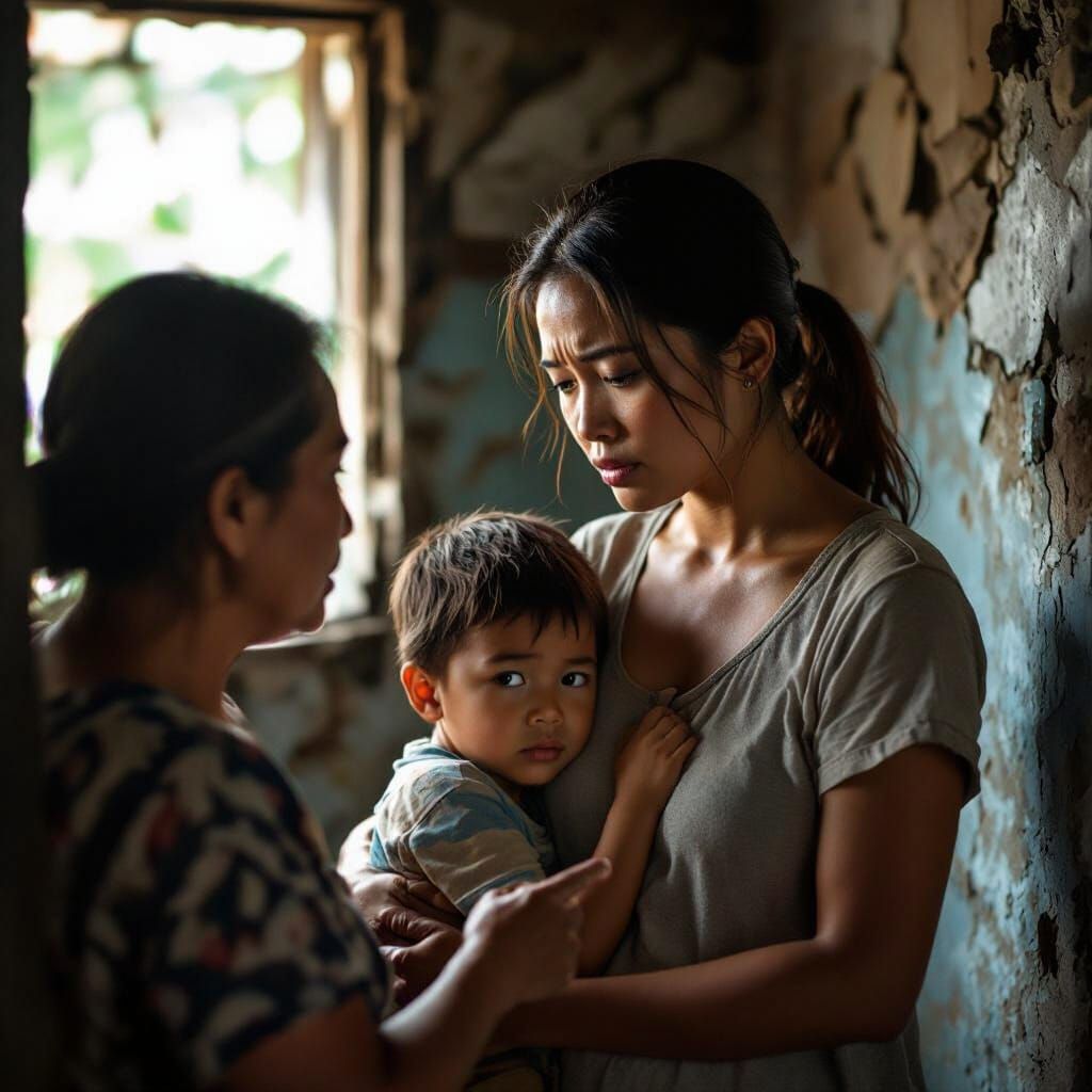 Filipina Mother's Emotional Burden in Dimly Lit Home