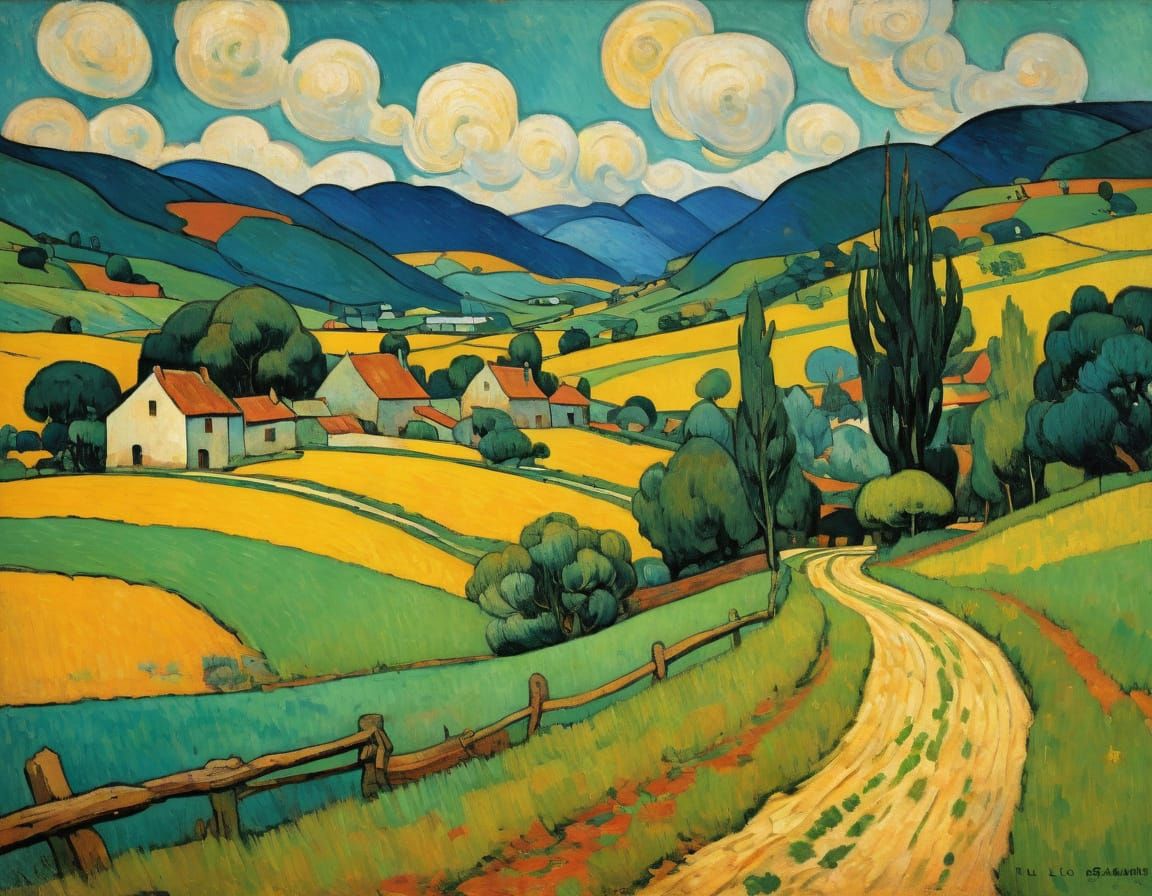 Vibrant Rural Landscape in Post-Impressionist Style
