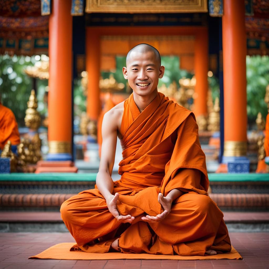 Young Monk Praying in Thai Temple with Bokeh Lights