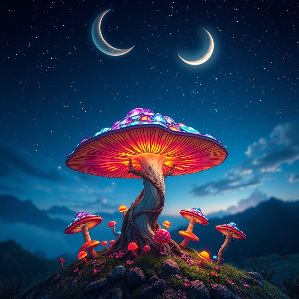 Glowing Mushroom Tree in Ethereal Night Sky