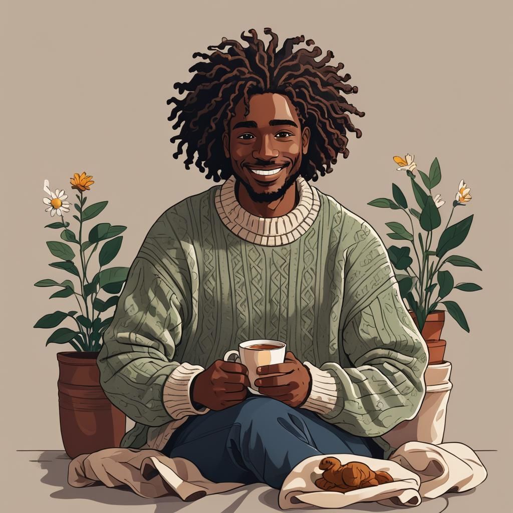 Man with Cat and Tea in Vector Style