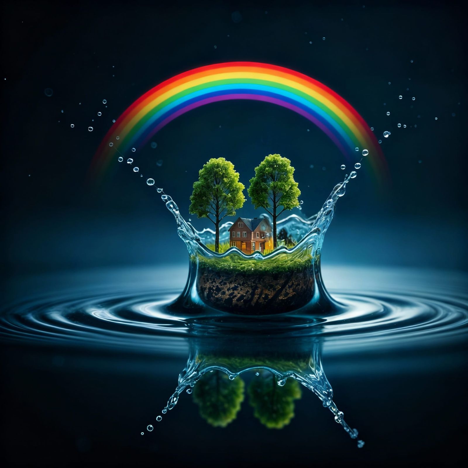 Miniature World Inside Water Droplet with Rainbow