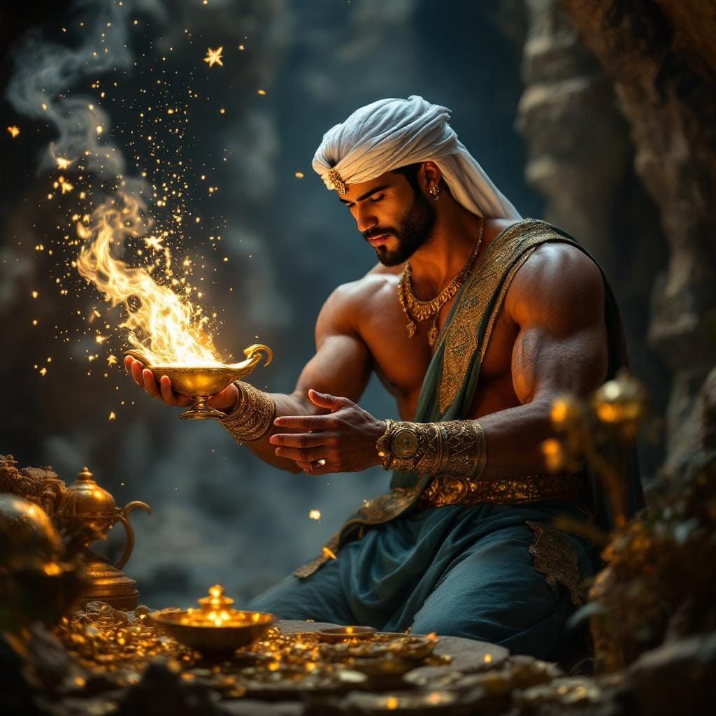 Arabian Man Rubbing Lamp in Cave of Wonders