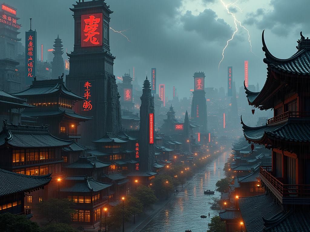 Dystopian Japanese Fantasy Landscape: Maximalist Concept Art