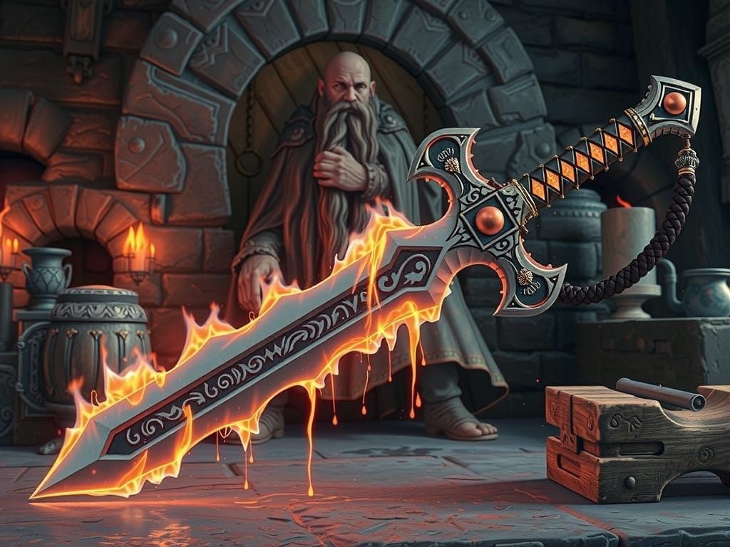 Mystical Magic Khopesh Sword Emitted Fiery Aura in Dwarf Smi...