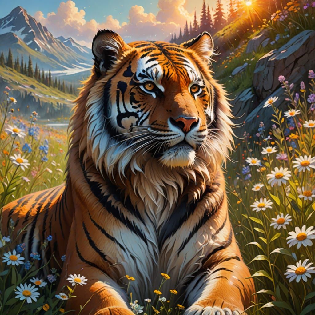 Glowing Tiger in Wildflower Meadow: Oil Painting