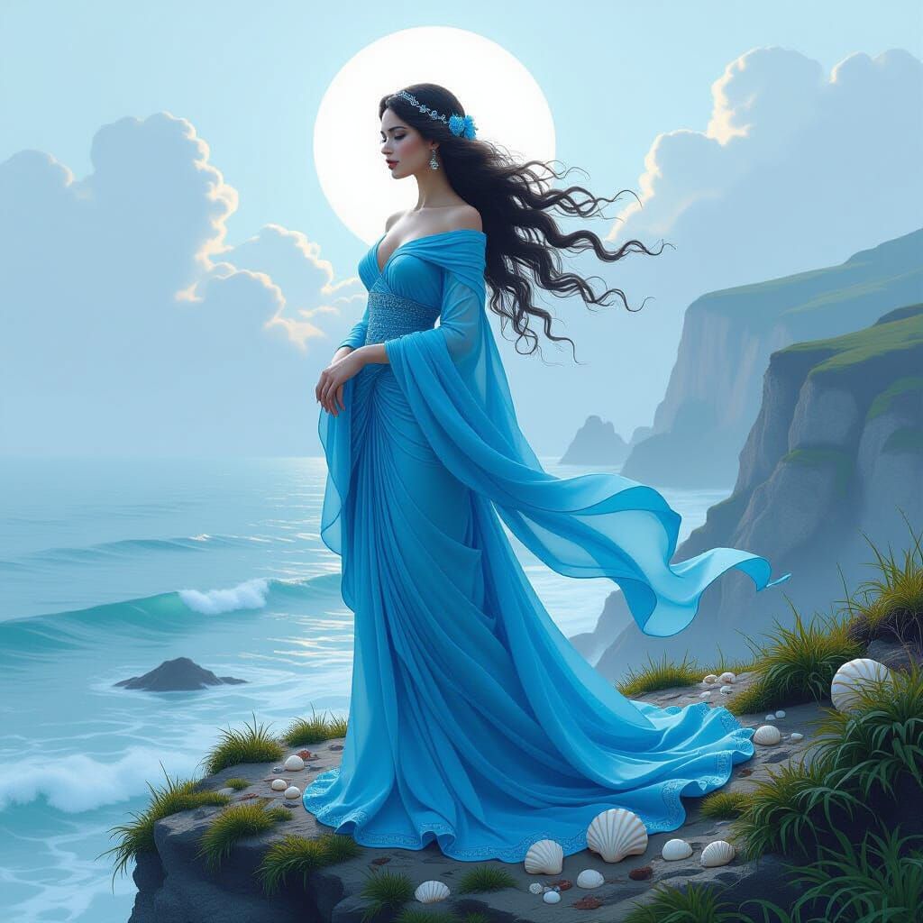 Ocean Goddess on a Misty Shoreline in Dreamy Illustration St...