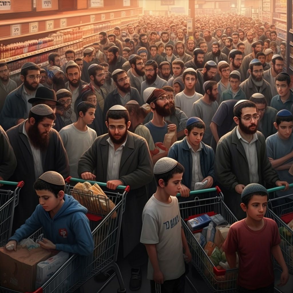 Realistic Digital Painting of Israeli Men in Supermarket Que...