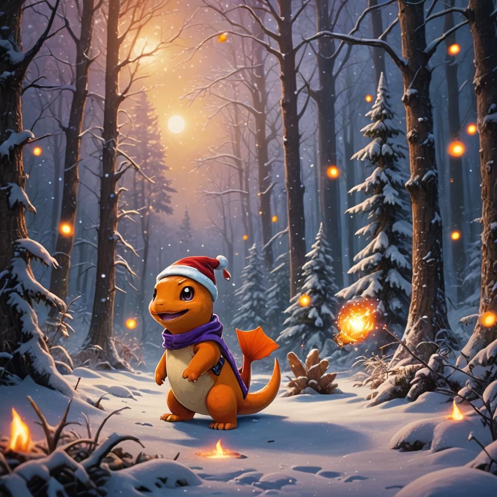 Charmander in Santa Hat in Snowy Forest