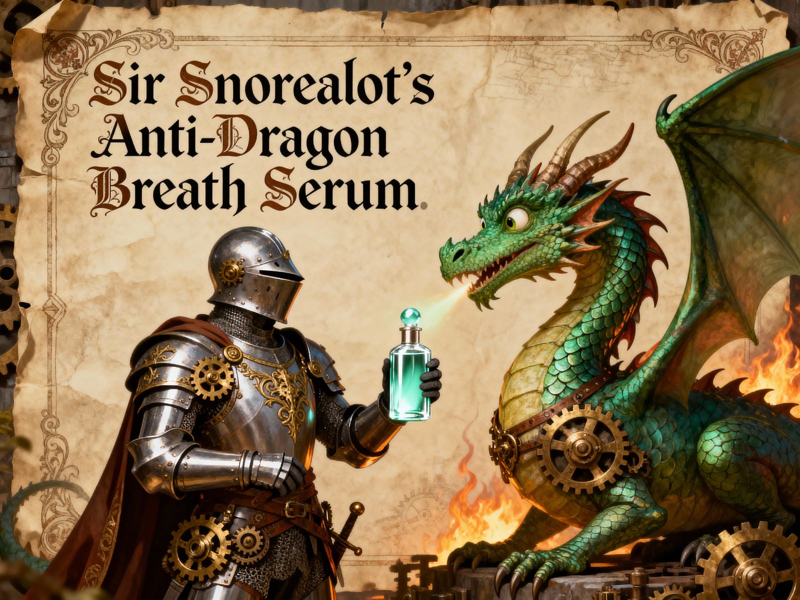Sir Snorealot's Anti-Dragon Serum: Steampunk Knight Poster