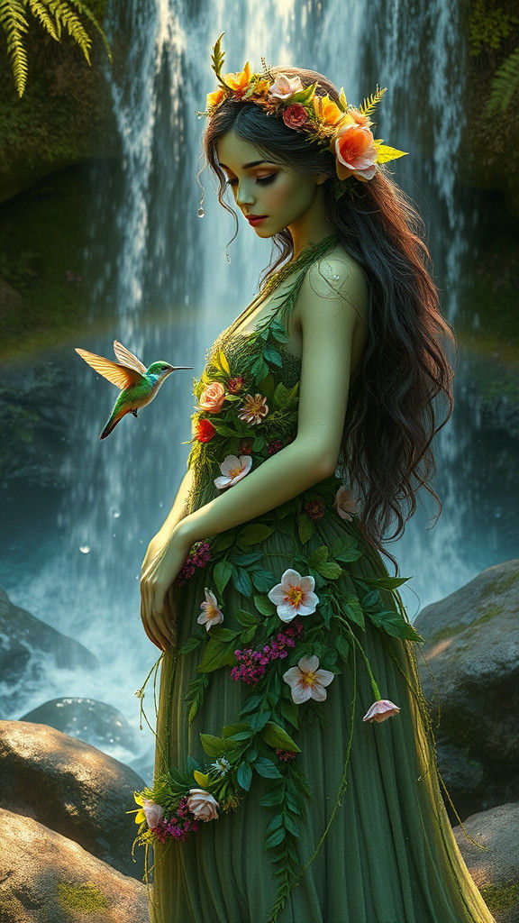 Woodland Spirit Under Waterfall, Hyperdetailed Macro Photogr...