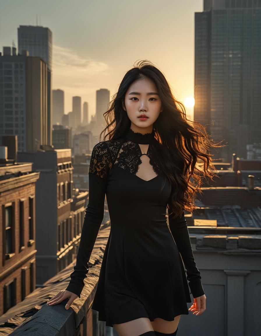 Korean Woman on Rooftop: Chiaroscuro Oil Painting