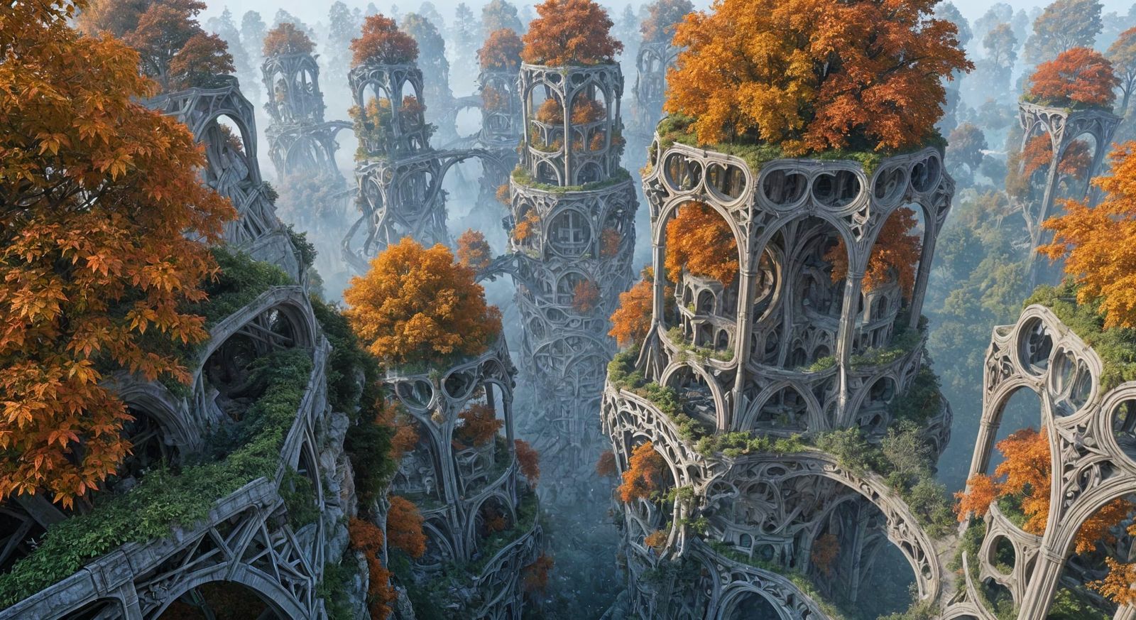 Fractal Autumnal World with Geometric Trees