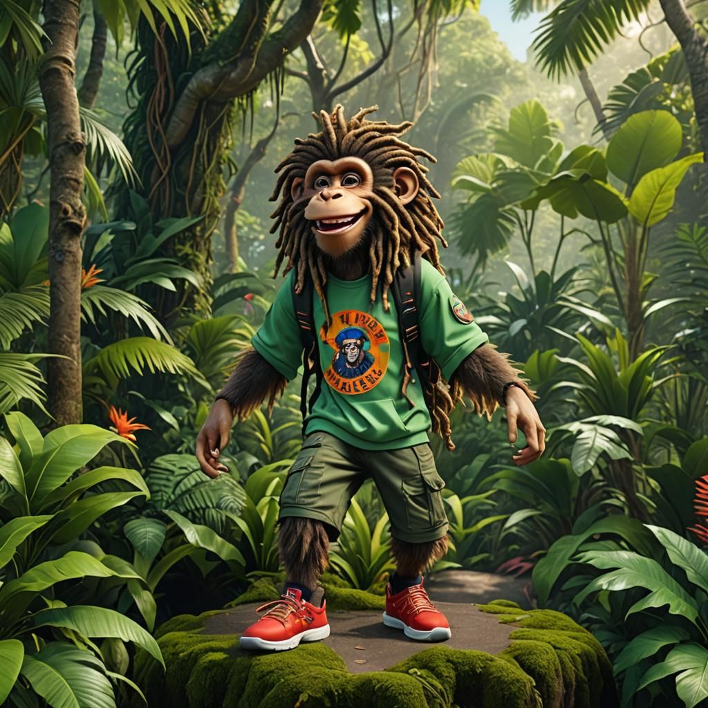 Highly detailed and realistic 3D render of an adorable anthropomorphic monkey. The monkey has stylish dreadlocks and is ...