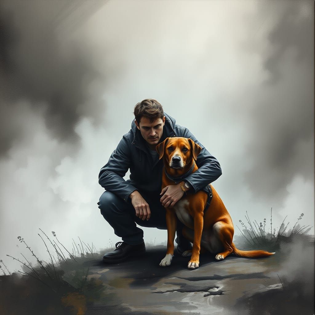 Man and Dog in Mystical Mist: Charcoal and Gouache Drawing