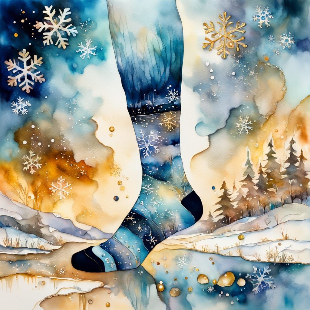 Fluffy Wool Socks in Winter Landscape as Alcohol Ink Paintin...